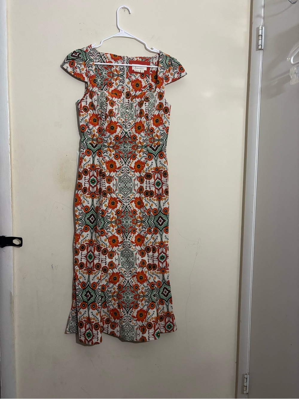 Anthropologie Orange Green and White Cap Sleeve‎ Sundress Size S